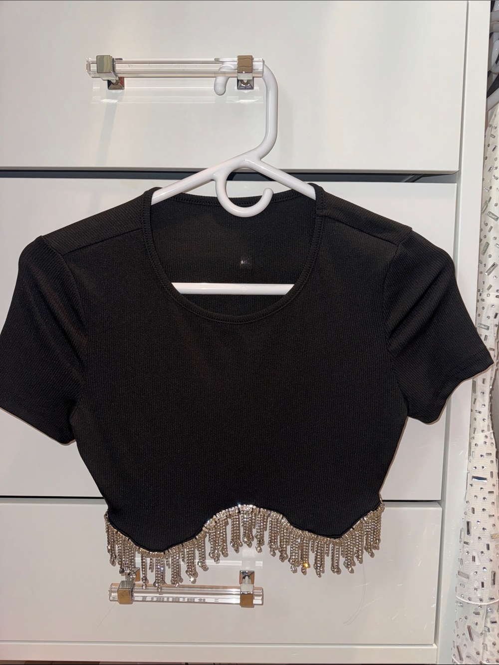 Black Crop Top with Gold Beaded Fringe